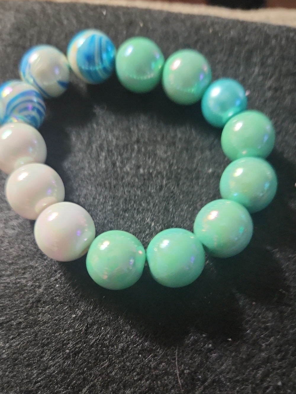 Hand Crafted Green & White Beaded Stretch Bracelet